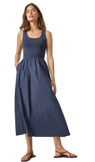 Mixed Media Scoop Neck Dress, Navy