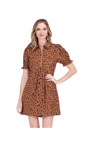 Front Zip Dress, Brown Leopard