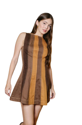 Brinnie Mini Dress, Brown Paneled Denim