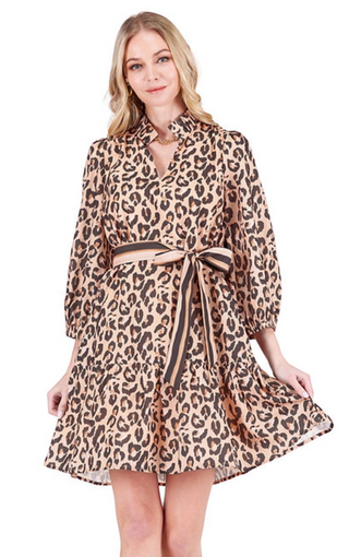 Split Neck Flounce Dress, Brown Leopard