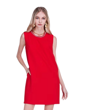 Emb Neck Shift Dress, Red