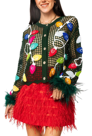 Dark Green Crochet Multi Chrismtas Light Feather Sleeve Top