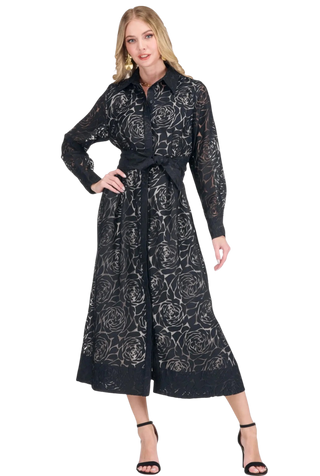 Pleated Waist 50" Shirtdress, Black Burnout Pattern