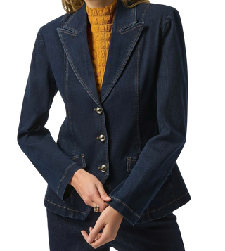 Stretch Denim Fitted Blazer with Gold Buttons, Indigo