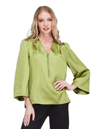 V-Neck Zipper Blouse, Kiwi