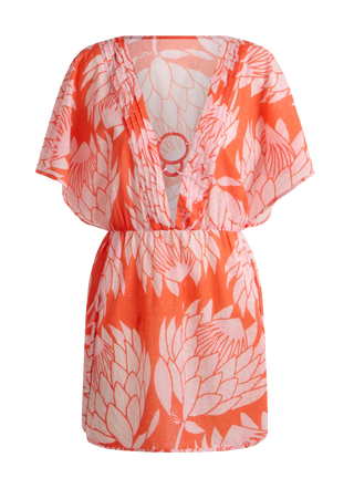 Short Ring Front Beach Cover Up, Coral Protea