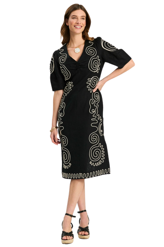 Posey Linen Embroid Midi, Black/White