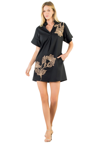 Emb Floral Collared Dress WCT3906-BK