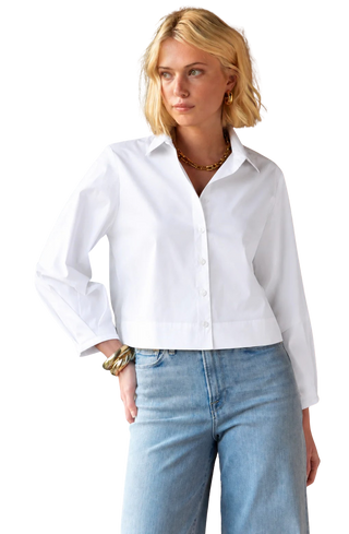 Crop Emmy Shirt, White Silky Poplin