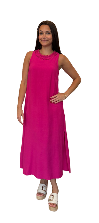 Zig-Zag Trim Neck Column Dress, Berry