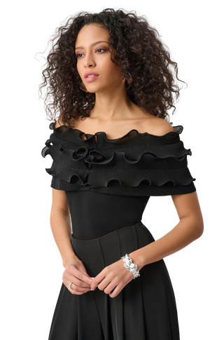 Silky Knit Off-Shoulder Top With Ruffles, Black