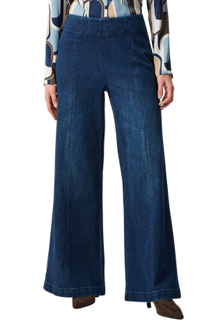 Featherweave Denim Palazzo High-Rise Pull-On Jeans, Dark Denim Blue