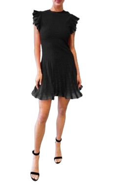 Sheer Flutter Sleeve Knit Dress, Black