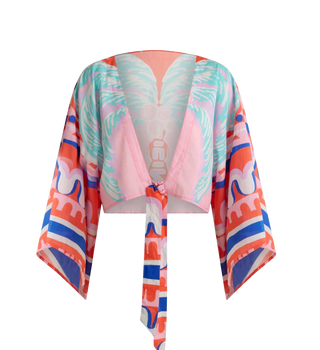 Tie Front Kimono Top, Pink Palm