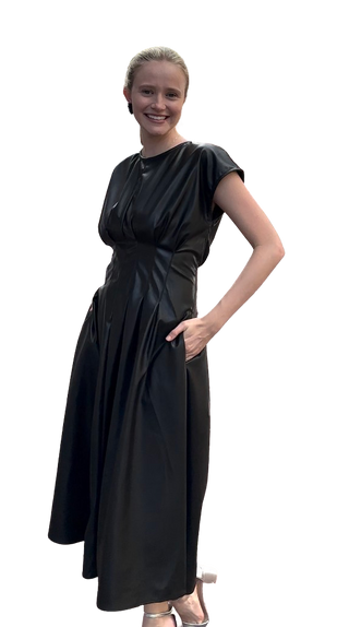 Sleeveless Leather Midi Dress, BK