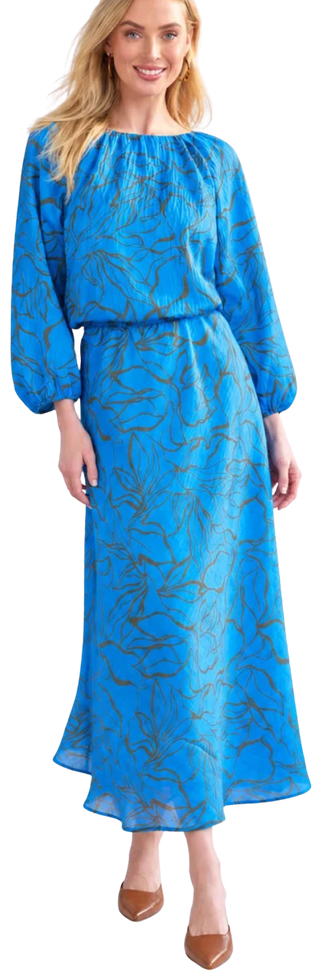 Bleecker Midi Dress Contour Leaves, Royal Blue/Olive