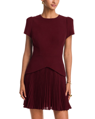 Haddy Pleated Short Sleeve Mini Dress, Burgundy