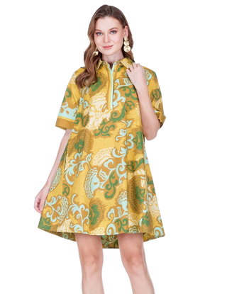 Placket Swing Dress, Saffron Scroll