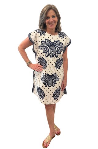 cream and navy polka dot dress Which colour? navy or Cream polka dot? Loving this pretty dress @mariansboyle with matching hat., Looking for a beautiful dress for your next big event -pop in and see our latest new arrivals