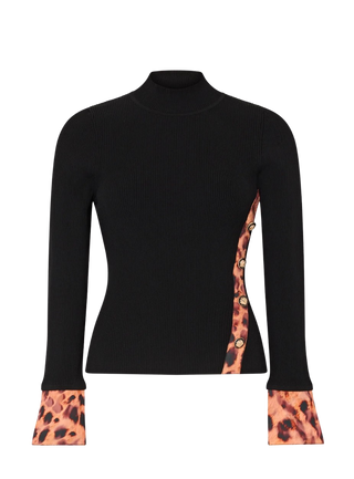 Printed Satin Cuff Knit Mockneck Top, Black/Cheetah