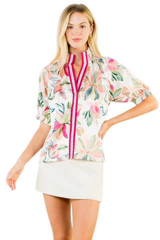Floral Satin Top w/ Contrast Bands, CR