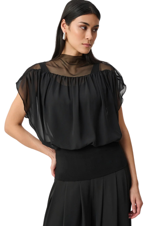 Chiffon And Silky Knit Blouson Top, Black