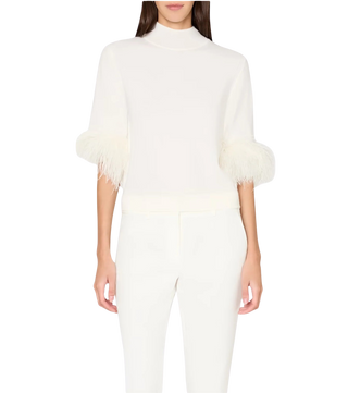Short Sleeve Feather Mockneck Sweater, Ecru
