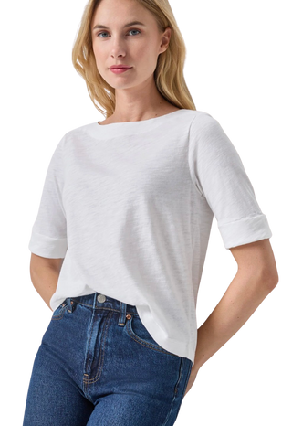 Cuffed Sleeve Boatneck, White