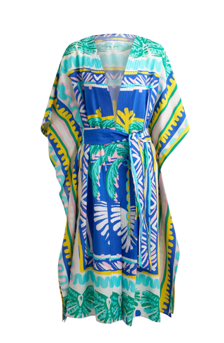 Tie Front Kimono Top, Blue Palm