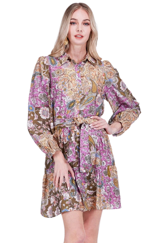 Ruffles Hem Shirt Dress, Plum Mosaic