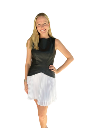 Haddy Leather Pleated Combo Mini Dress, Black/White