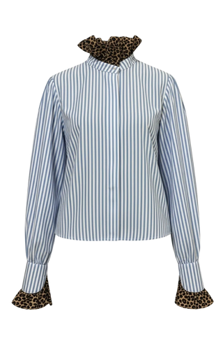 Elvie Blouse, Blue Stripe w/ Leopard Trim