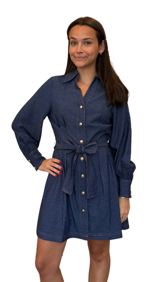 Collar Waist Pleated Shirtdress, Denim