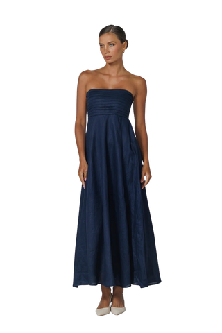 Talia Pintuck Linen Maxi Dress, Navy