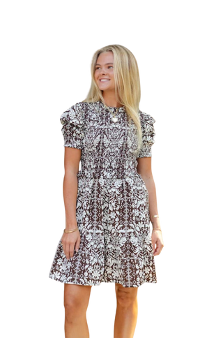 Smocked Puff Sleeve Mini Dress, Tropical