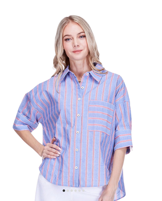 Button Short Sleeve Shirt, Blue Stripe