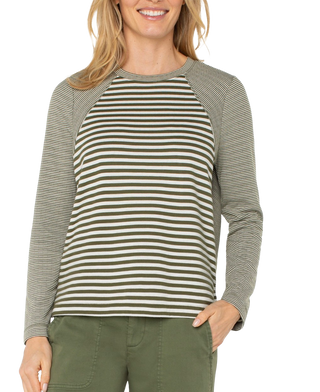 Long Slv Crew Knit Top w/ Seaming, Frst Shd/Wht St