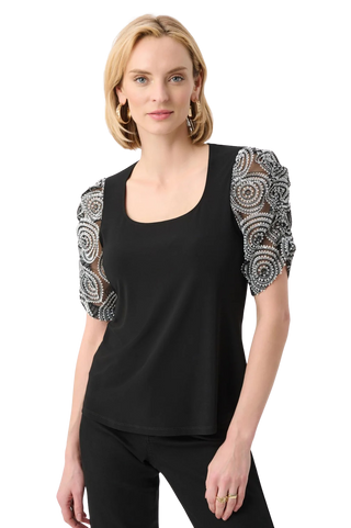 Silky Knit Novelty Sleeve Top, Black/White