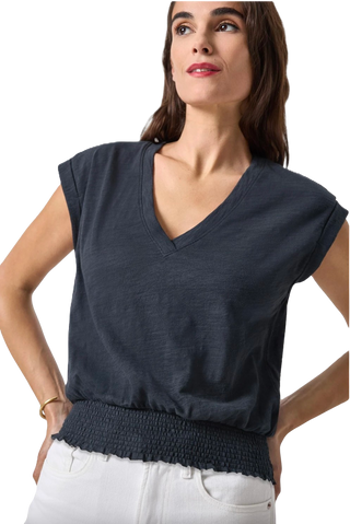 Smocked Hem V-Neck, Black