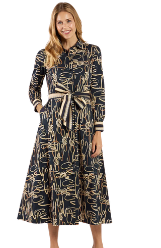 Kitty Poplin Dress, Belt Border Blk