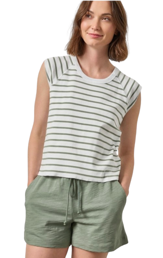 Rib Stripe Short Sleeve Scoop Neck, Sage Stripe