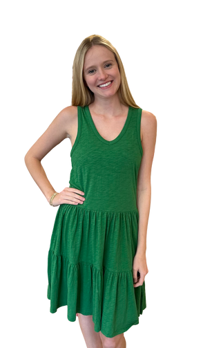 Rib Vneck Tiered Tank Dress, Grass