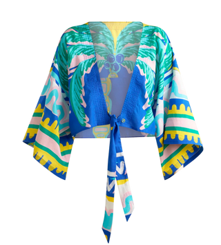 Tie Front Kimono Top, Blue Palm