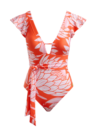 Flutter Sleeve Swimsuit, Coral Protea