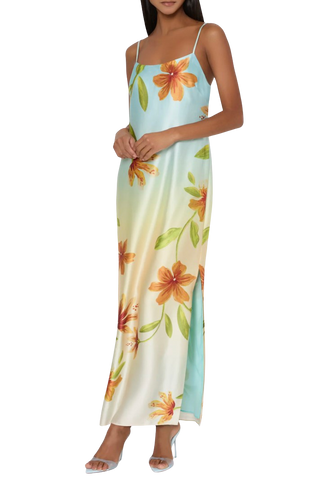 Lily Floral Satin Dress, Yellow Multi