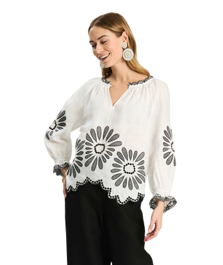 Kelsey Mid Linen Embr Top, Black/White