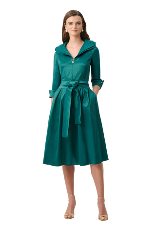 Stretch Taffeta Fit And Flare Dress With Lapel Collar, Opulent Green