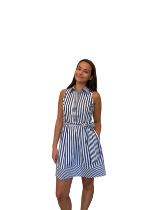 Buttons Sleeveless Dress, Blue Stripe