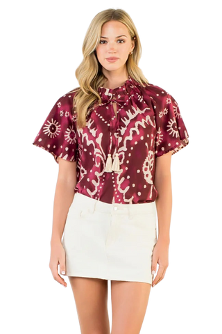 Short Sleeve Print Tie Tassel Top, PL