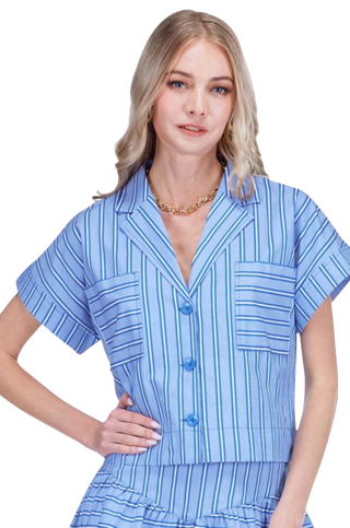 Pocket Crop Blouse, Blue Stripe